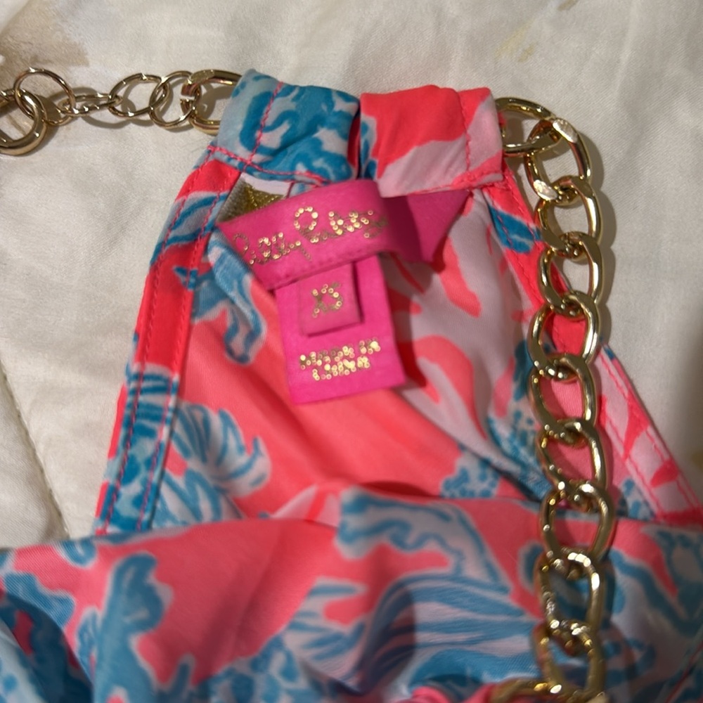 Lily Pulitzer Vibrant Coral and Blue Halter Top with Gold Chain Straps - Picture 6 of 7